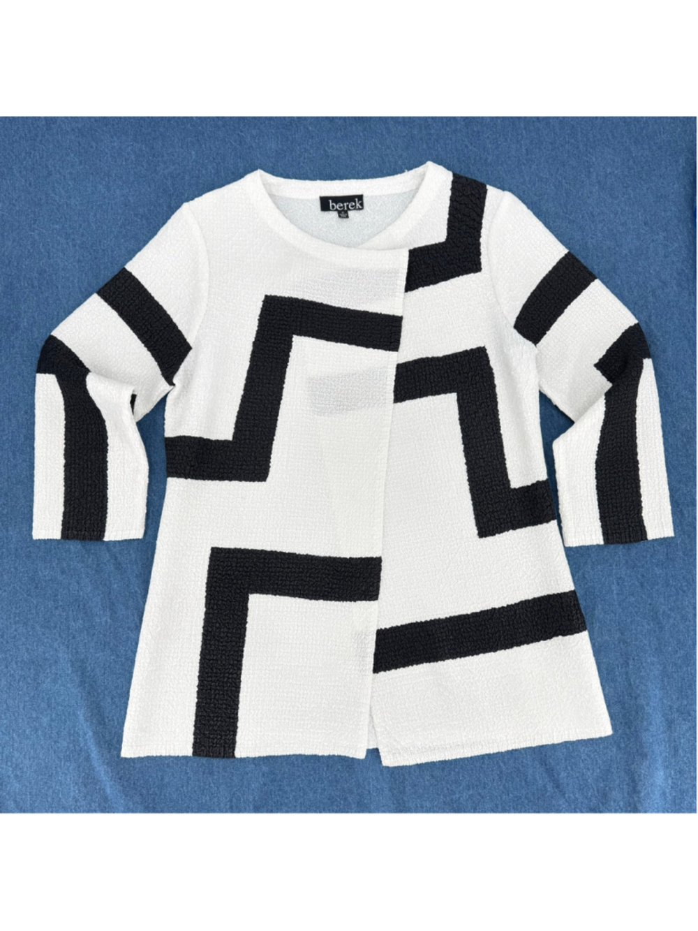 Berek Jacket Top Geometric Ivory Black Asymmetric 3/4 Sleeve Avant Gard Medium